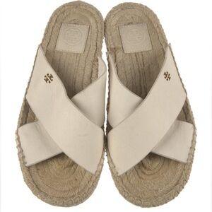Tory Burch Leather Espadrilles, size 6.5
• Gold & Neutrals
• Crossover Straps